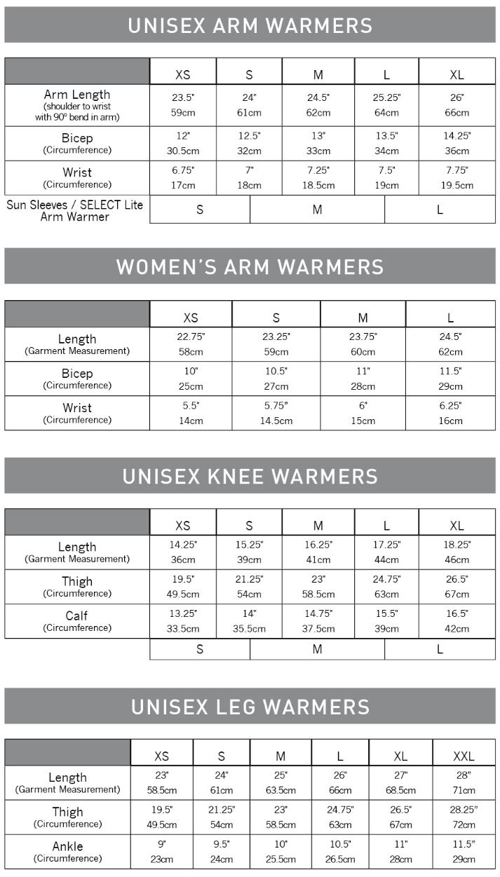 Pearl Izumi Arm/Leg/Knee Warmer sizing chart